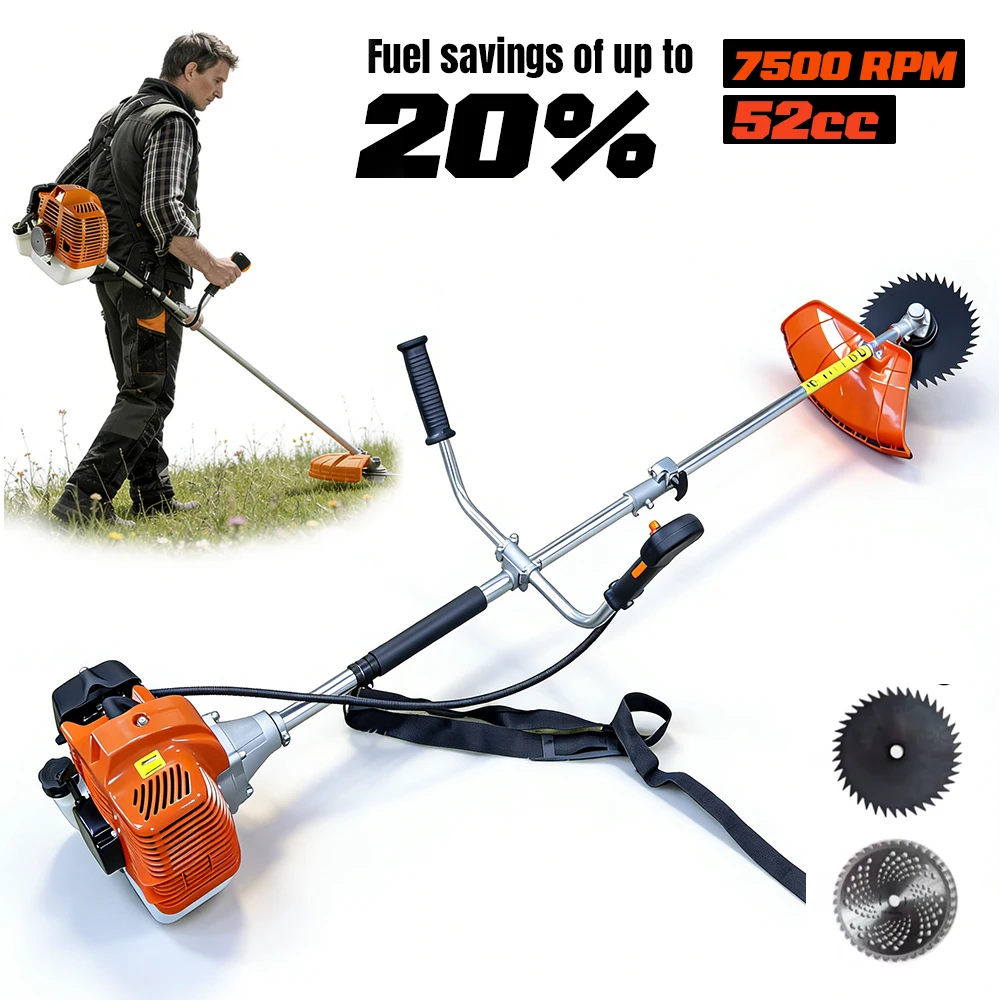 2 Stroke Gas Brush Cutter 7500RPM 52cc Grass Trimmer Weed Eater Backpack Grass Trimmer for Garden Lawn Clearing
