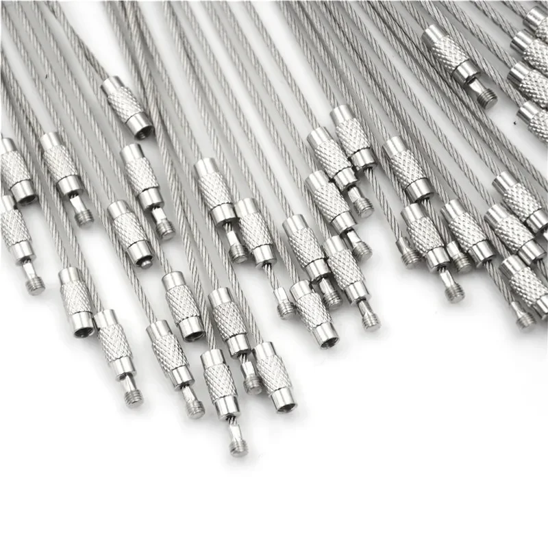 Sznurek do breloczka ze stali nierdzewnej o średnicy 1,5-2 mm, linka, pętla, zamek śrubowy, kółko do kluczy, kółko do zawieszania, narzędzie do zawieszania na kempingu.
