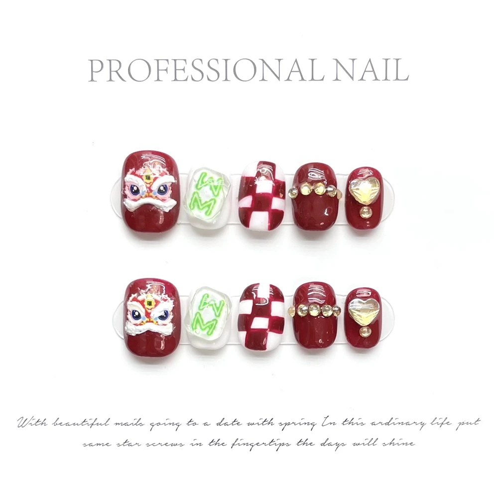 اليدوية قصيرة الصينية جونغ الصحافة على الأظافر مع Deign رئيس مستديرة قابلة لإعادة الاستخدام الأظافر وهمية مع الغراء أظافر اصطناعية نصائح مسمار الفن