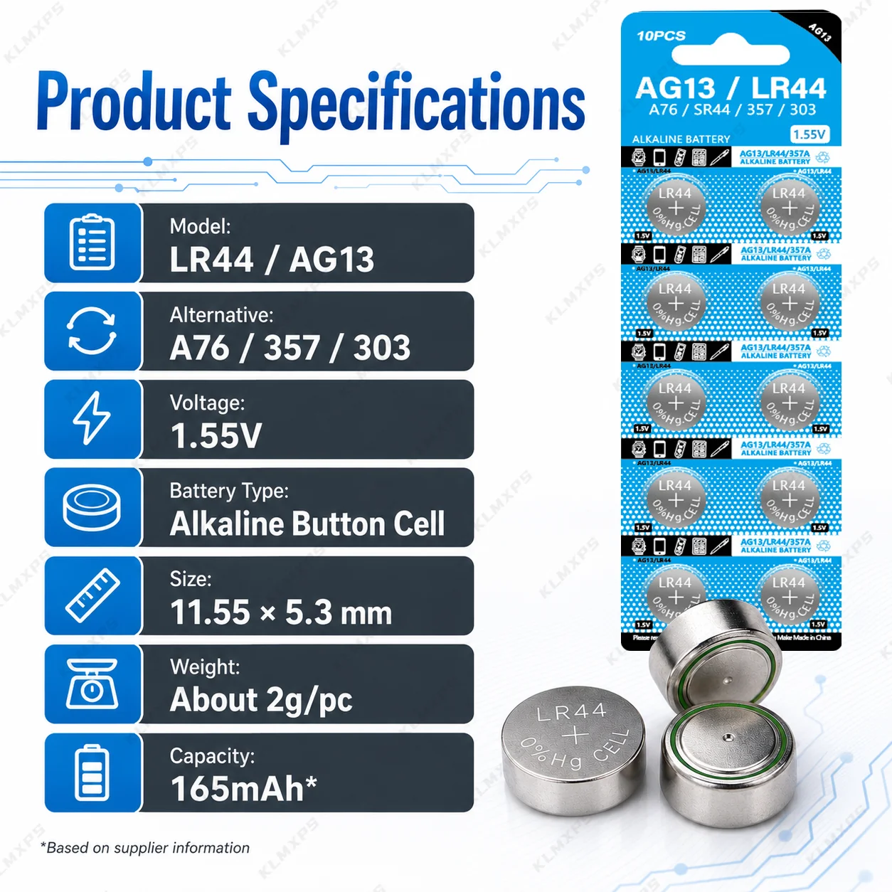 1.55V AG13 Button Battery LR44 A76 L1154 SR44 LR1154 357 303 SP76 Alkaline Coin Cell for Watch Toy Small Electronics