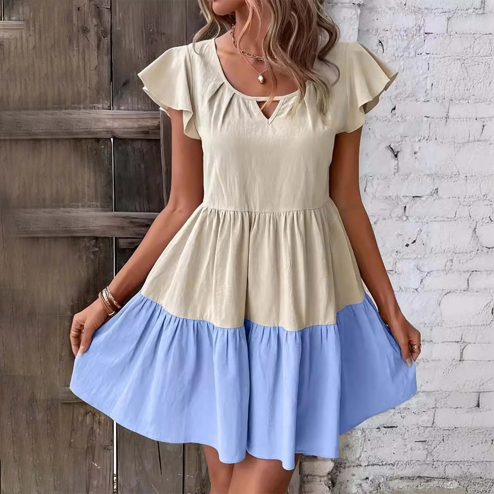 Mulheres Ruffles Patchwork Mini vestido, Decote em V, Manga curta, Linha A, Feriado, Feminino, Casual, Plissado, Vocação, Verão