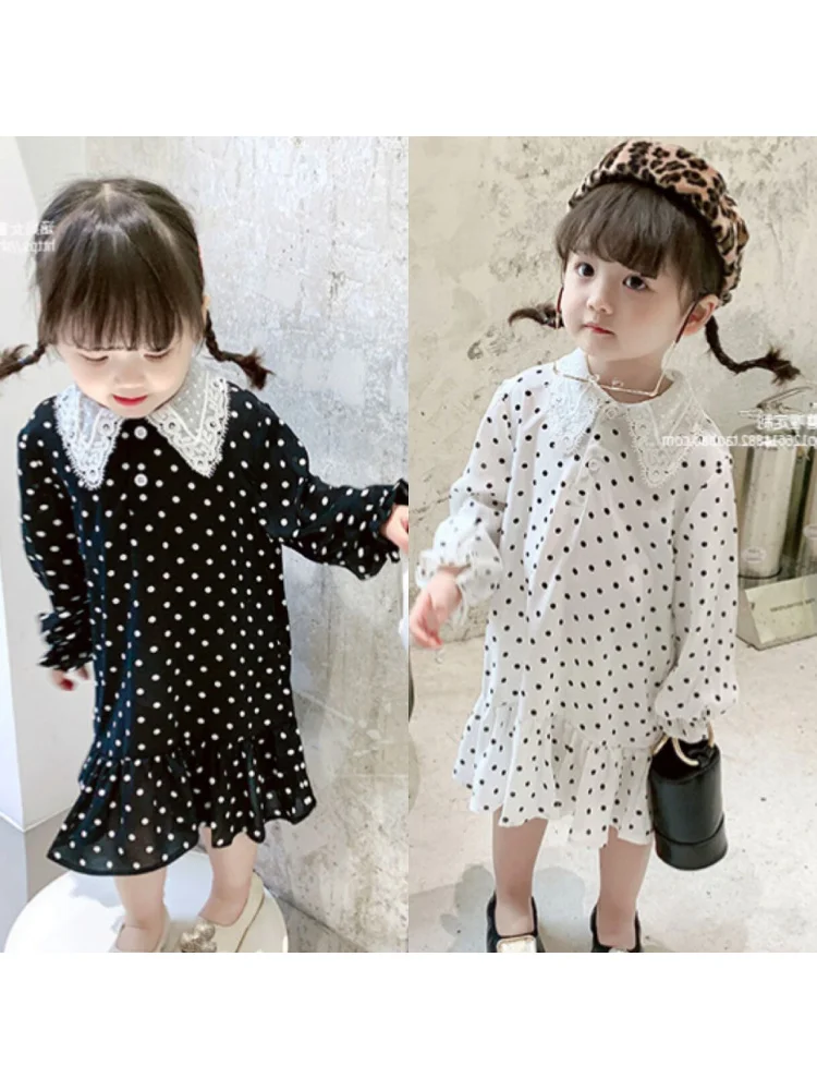 Girl's Dress Polka Dot Lace Collar Chiffon Dress Princess Dress24Spring and Summer New Foreign Trade Children's Wear New
