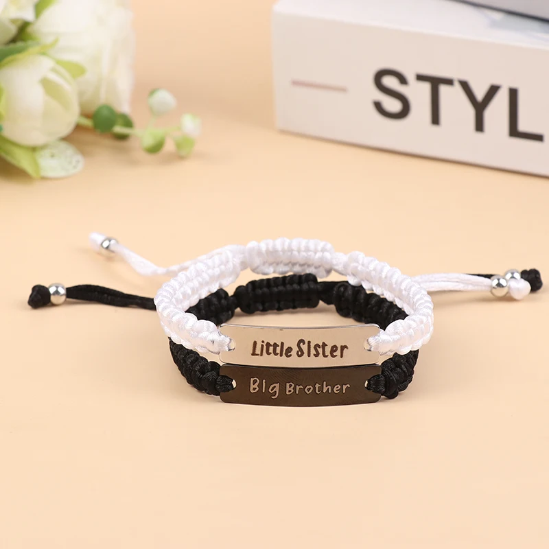 2Pcs Mom And Dad/Brother And Sister Bracelet Set Handmade Black White Braided Rope Bangles Family Jewelry Gifts
