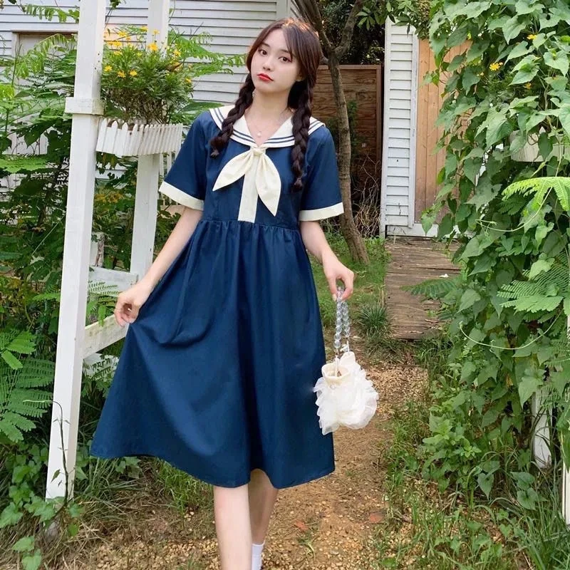 

Summer New Fashion Preppy Style Sailor Collar Loose Casual Robe Femme Short Sleeve Sweet Bow Dress Women's Oversized Vestidos