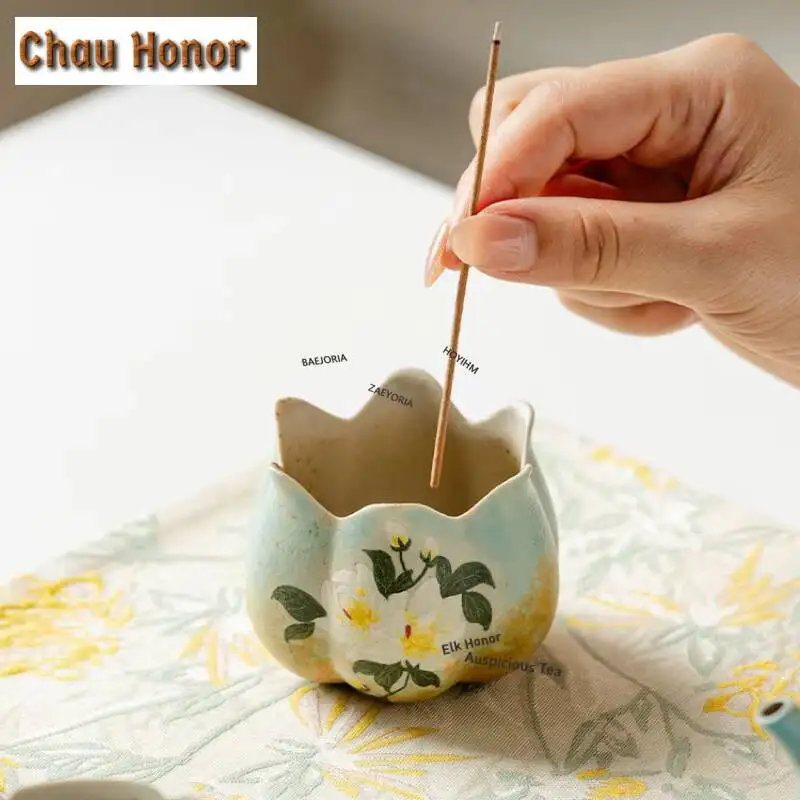 ZAEYORIA Hand-painted Gardenia Petal Incense Holder Incense Smoke Waterfall Incense Burners Meditation Censer Tearoom Decoration