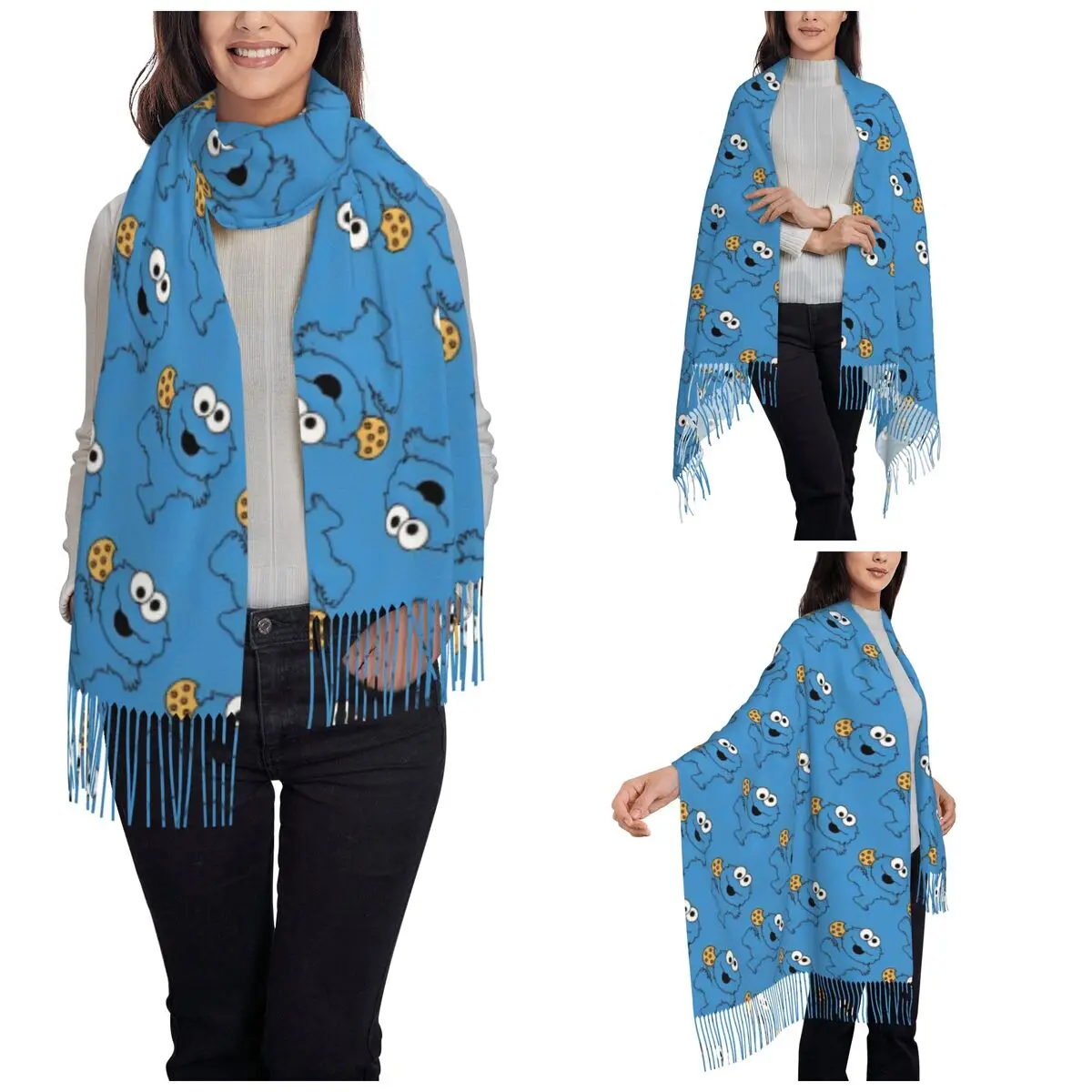 Cute S-Sesame Street Cookie Shawl Wraps for Women Winter Large Soft Scarf Cartoon Comedy Pashmina Tassel Scarves