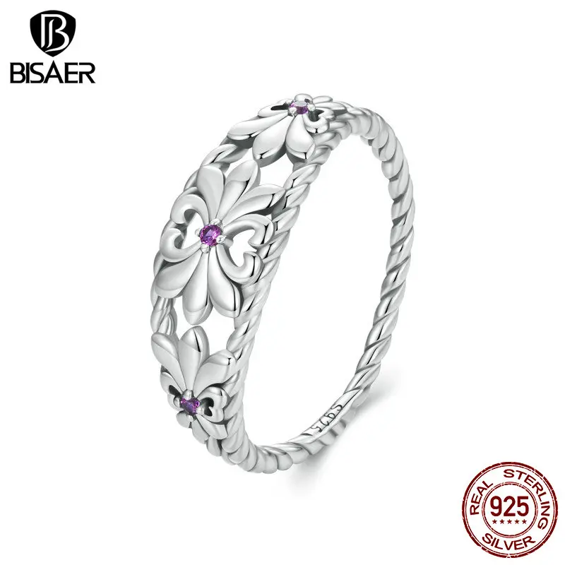 BISAER 925 Sterling Silver Vintage Iris Ring Retro Purple Zircon Flower Twist Band for Women Original Design Fine Jewelry ECR998