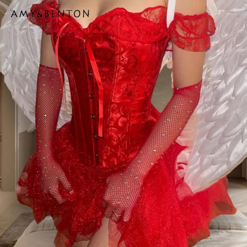 

Gothic Christmas Hot Girl Women's Tube Top New Design Red Off-Shoulder Lace Splicing Fishbone Waist Mesh Puff Skirt Set Ladies