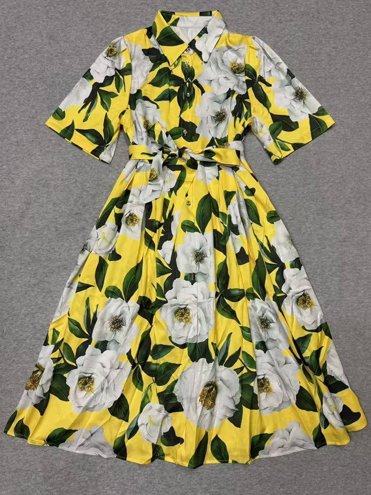 Elegante abito con stampa in vita con cintura a maniche corte 2025 primavera ed estate nuova gonna a camicia lunga altalena monopetto con risvolto da donna