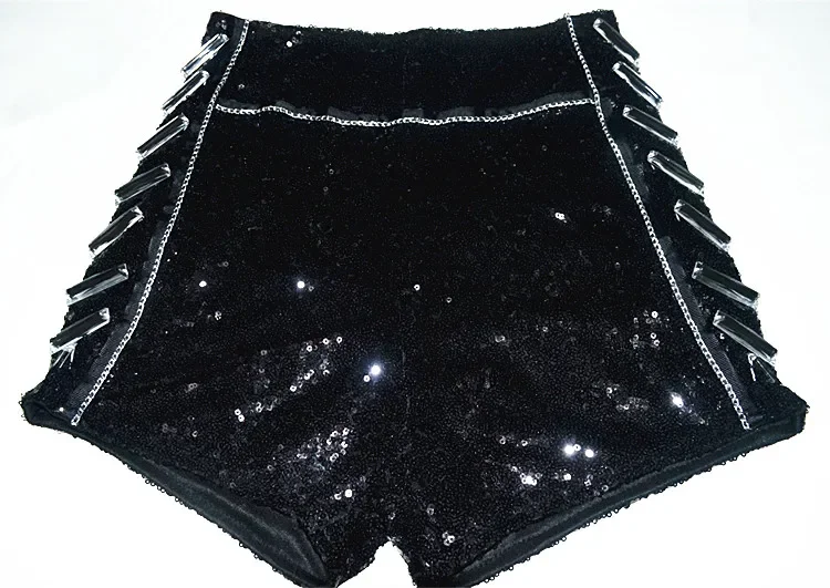 Summer 2023 New Women Sequined Rhinestone Paillette Stretch High Waisted Hot Shorts , Slim Black Glitter Silver Shorts For Woman