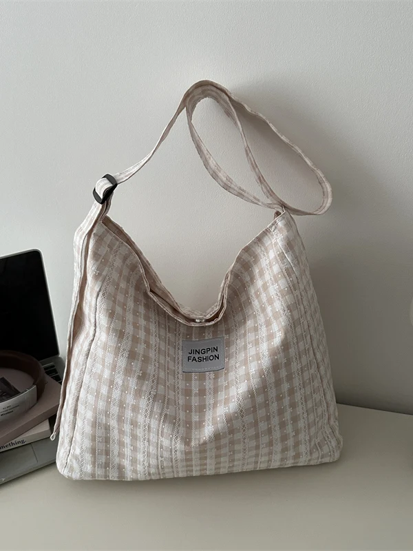 Korean Style Retro Plaid Large Capacity Shoulder Bag Casual Artistic Women's Tote Bag Commuter Underarm Bag Soft PU Leather