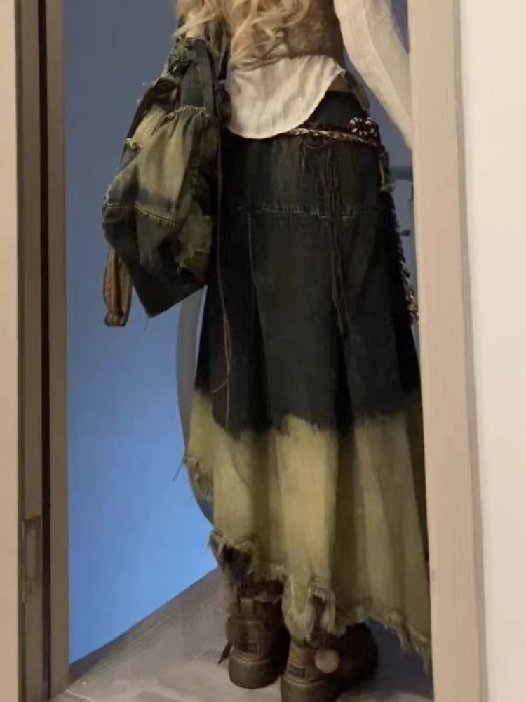 Inverno Vintage Denim gonna donna Patchwork irregolare coda di pesce Y2k gonne donna Casual coreano a vita alta retrò Jeans gonna 2024