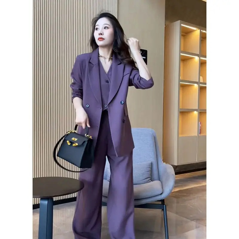 Setelan jaket Blazer wanita, Blazer rompi celana kaki lebar, tiga potong Set pakaian kantor elegan gaya Korea musim semi