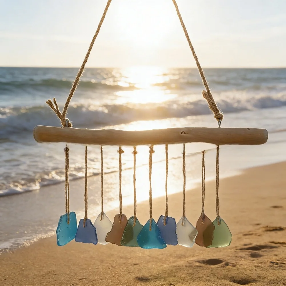 Handmade Blue Sea Glass Wind Chime With Driftwood Beach Style Wall Hanging Art Decor For Indoor And Outdoor Use view 5