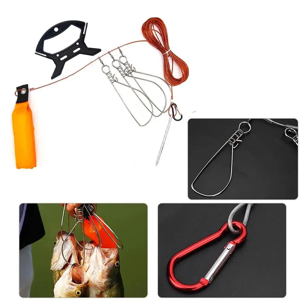 

3.5M Stainless Steel Fish Stringer Lock Buckle with Reel Lanyard Fishing Tackle Keeper Tool for Bass Carp Trout