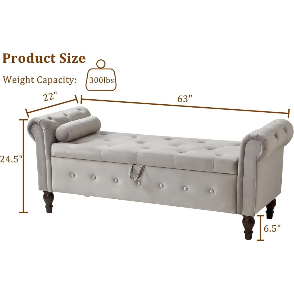 Velvet Upholstered Storage Bench, 63 Inch End of Bed Storage Ottoman Bench with Rolled Arms for Bedroom