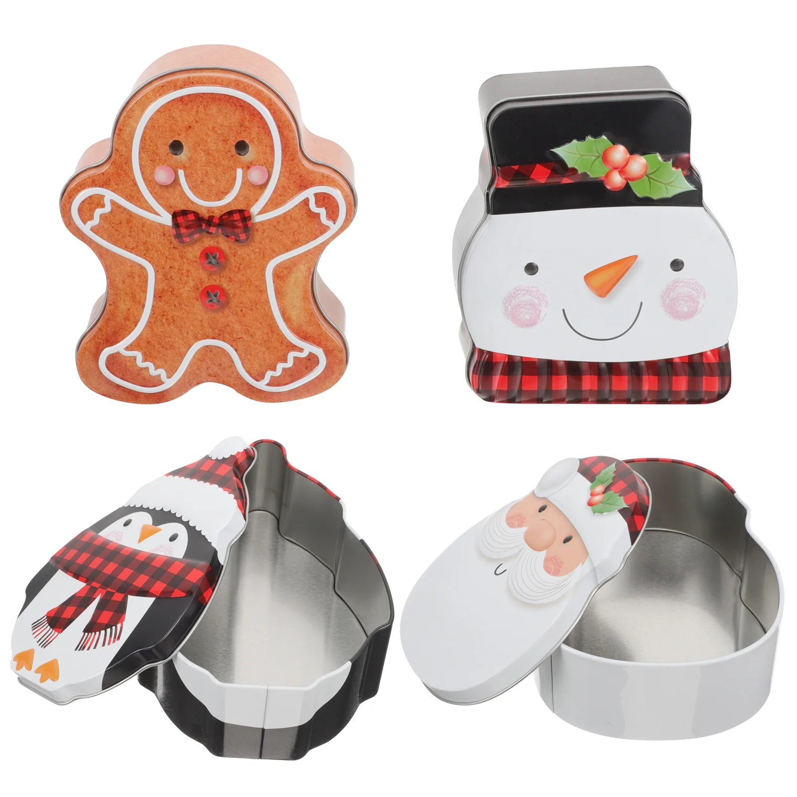 

4 Pcs Christmas Tinplate Gift Box Set Elder Snowman Penguin Gingerbread Man Candy Container Party Storage Box Festive Home