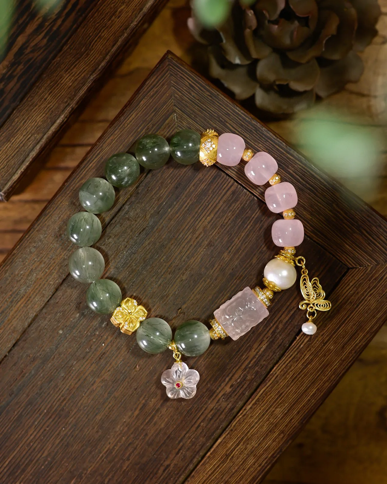 

Natural Rose Quartz & Green Rutilated Quartz Bracelet, Gold-Plated Silver Butterfly Charm , Vintage Love-Attracting Jewelry
