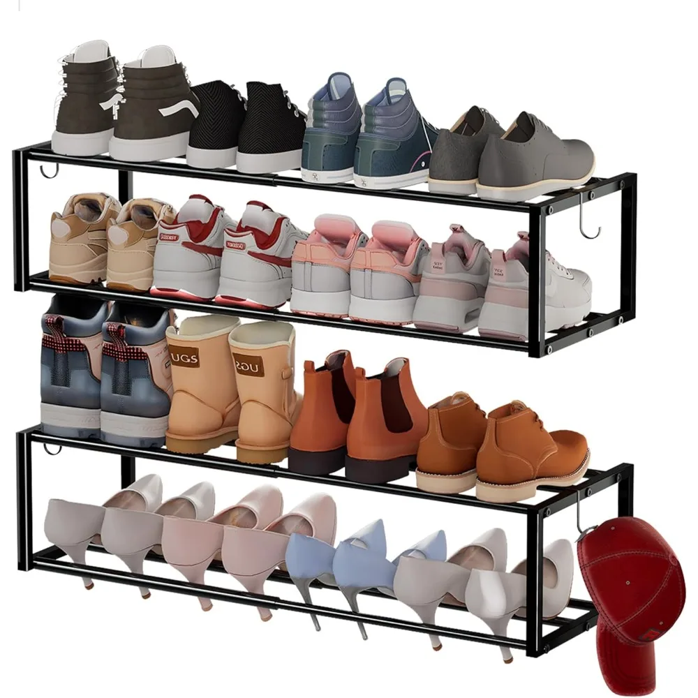 

Expandable Wall Mounted Shoe Rack Adjustable Hanging Organizer Holds 16 Pairs Heavy Duty Metal Shoe Storage with Hooks for