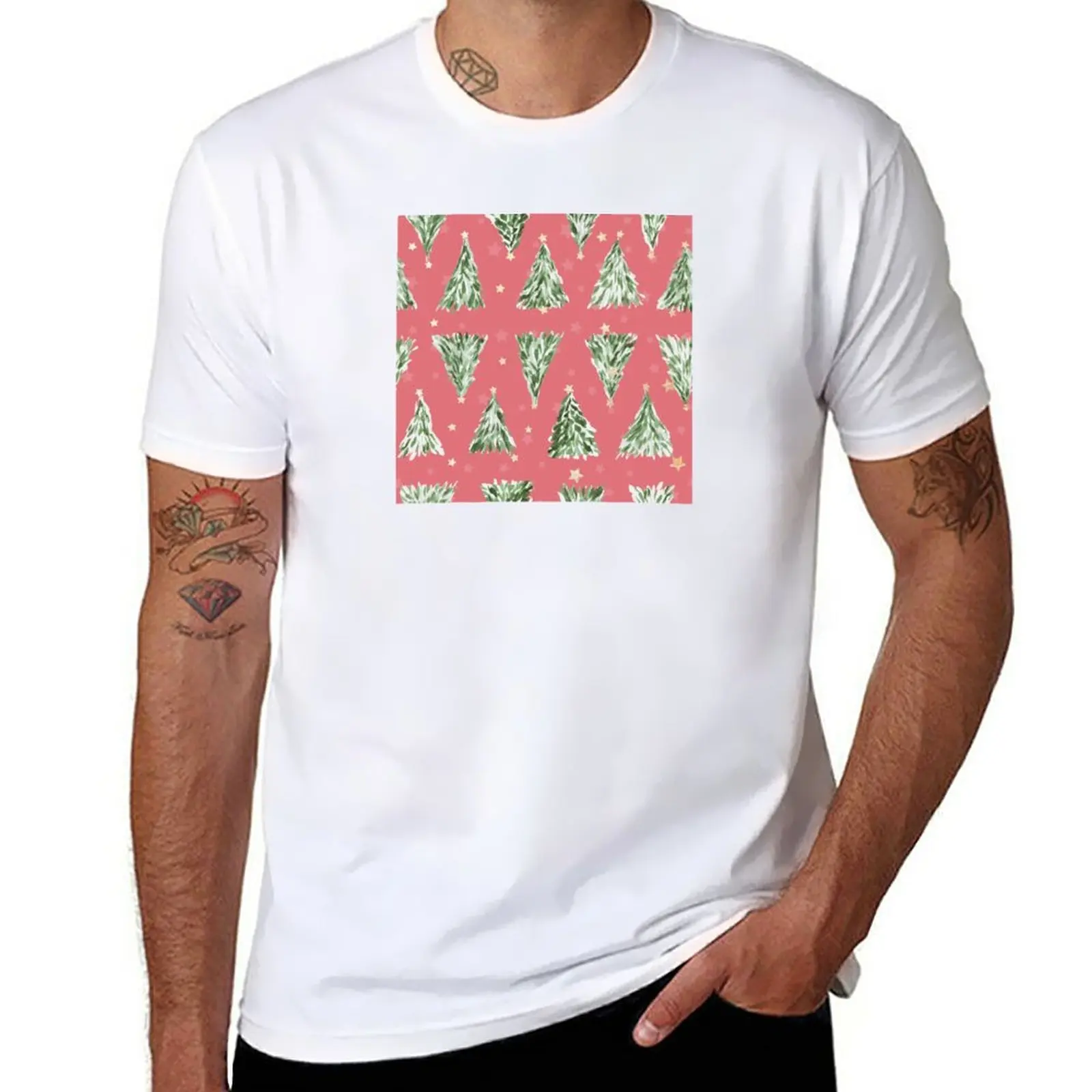 

Holiday christmas tree over pink watermelon background T-Shirt kawaii clothes mens t shirt