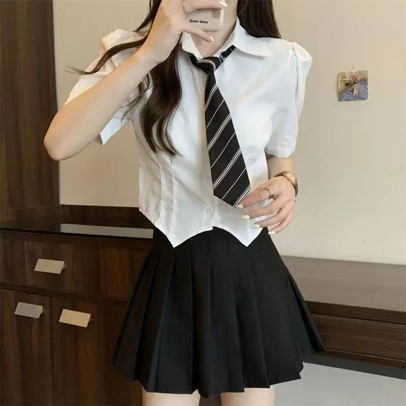 Japanese Style Korean Uniform  Spicy Girl Versatile Short Tie Shirt Women's Black Pleated Half Skirt Set School Girl Uniform Set