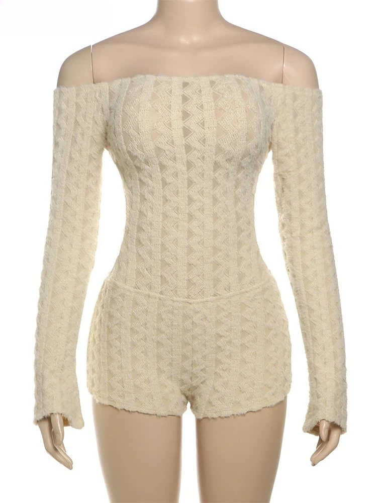Pagliaccetto senza schienale da donna lavorato a maglia sottile autunno slash neck manica intera tuta hipster pantaloncini da allenamento per strada