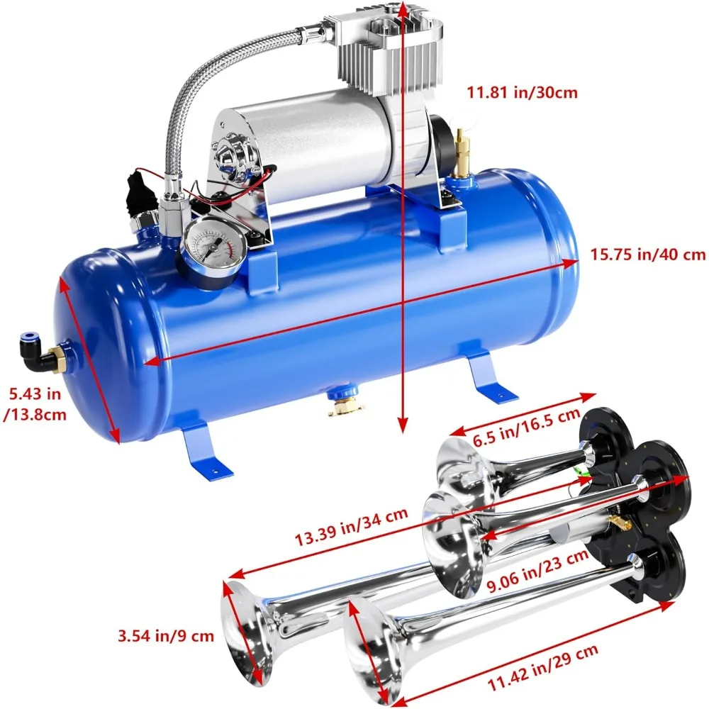 150デシベルの強力な列車用ホーンシステム（4つのホーン付き、150 PSI、12Vエアコンプレッサー）、トラック、車、バン、ボートに最適