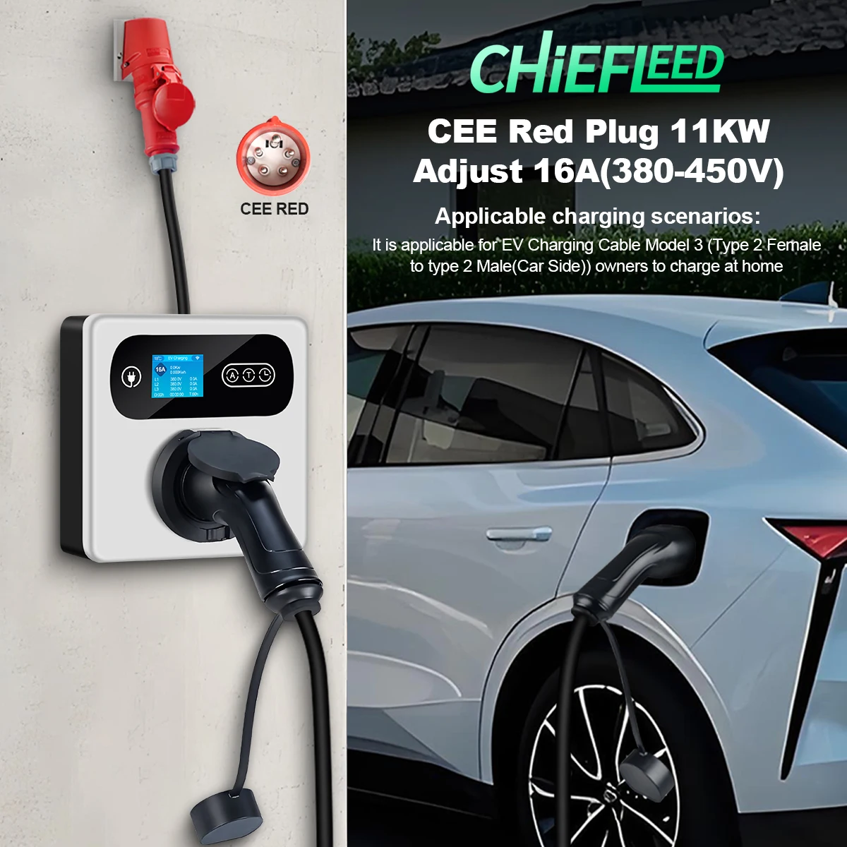 محطة شحن EV منزلية من Chiefleed 32A 7.2KW 22KW 16A 11KW Cee أحمر إلى نوع 2 شاحن مقبس أنثى مركبة كهربية سيارات هجينة