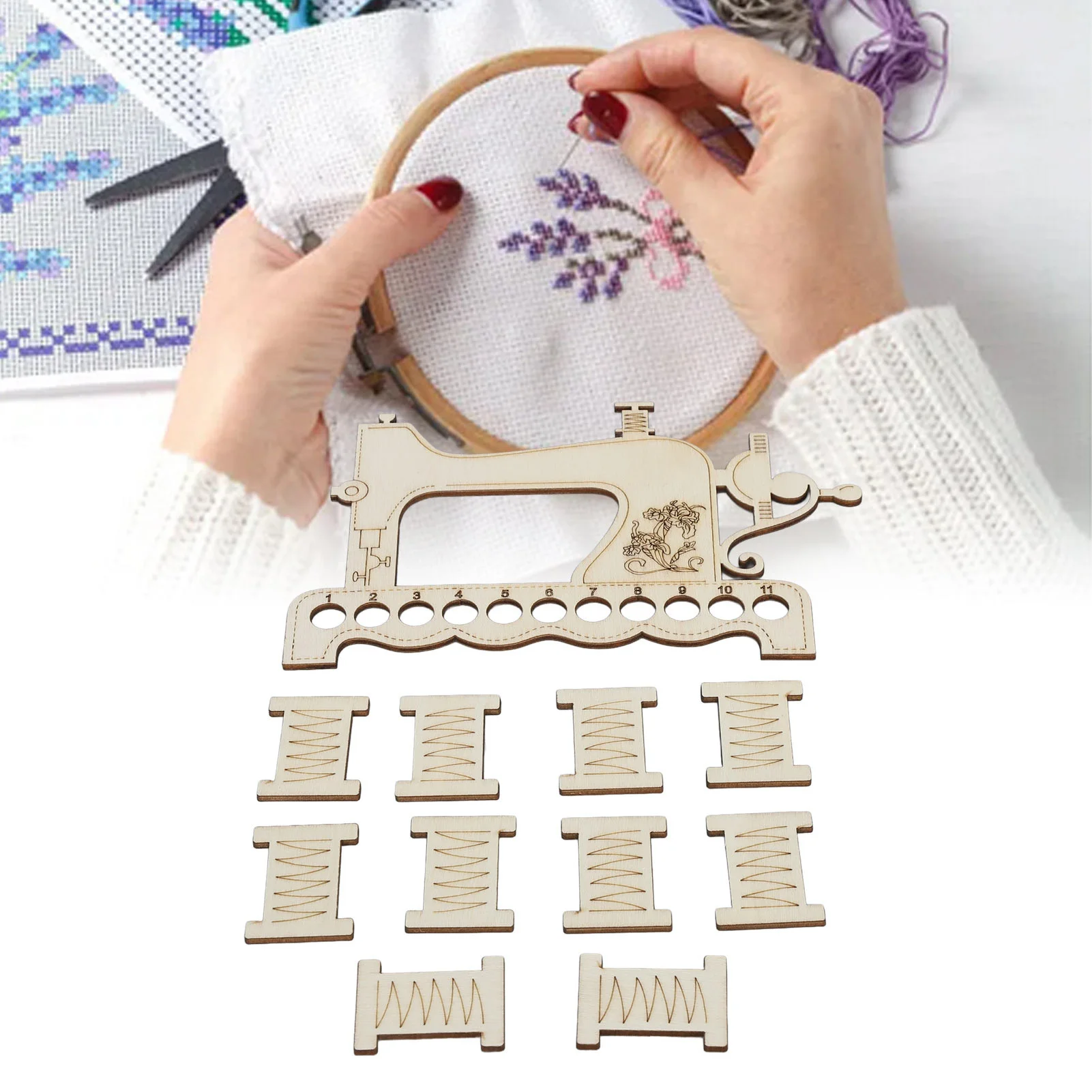 Embroidery Thread Organizer Board Lightweight Sewing Machine Shape Wooden Cross Stitch Floss Holder For Needlework Threading