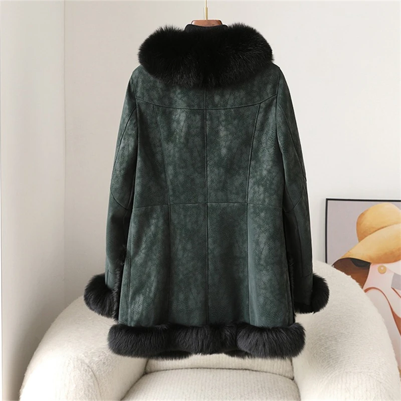 2023 Winter New Fox Fur Collar Mid-length Warm Fashion Coat Female Rabbit Fur Slim Luxury Jacket Parka JT455