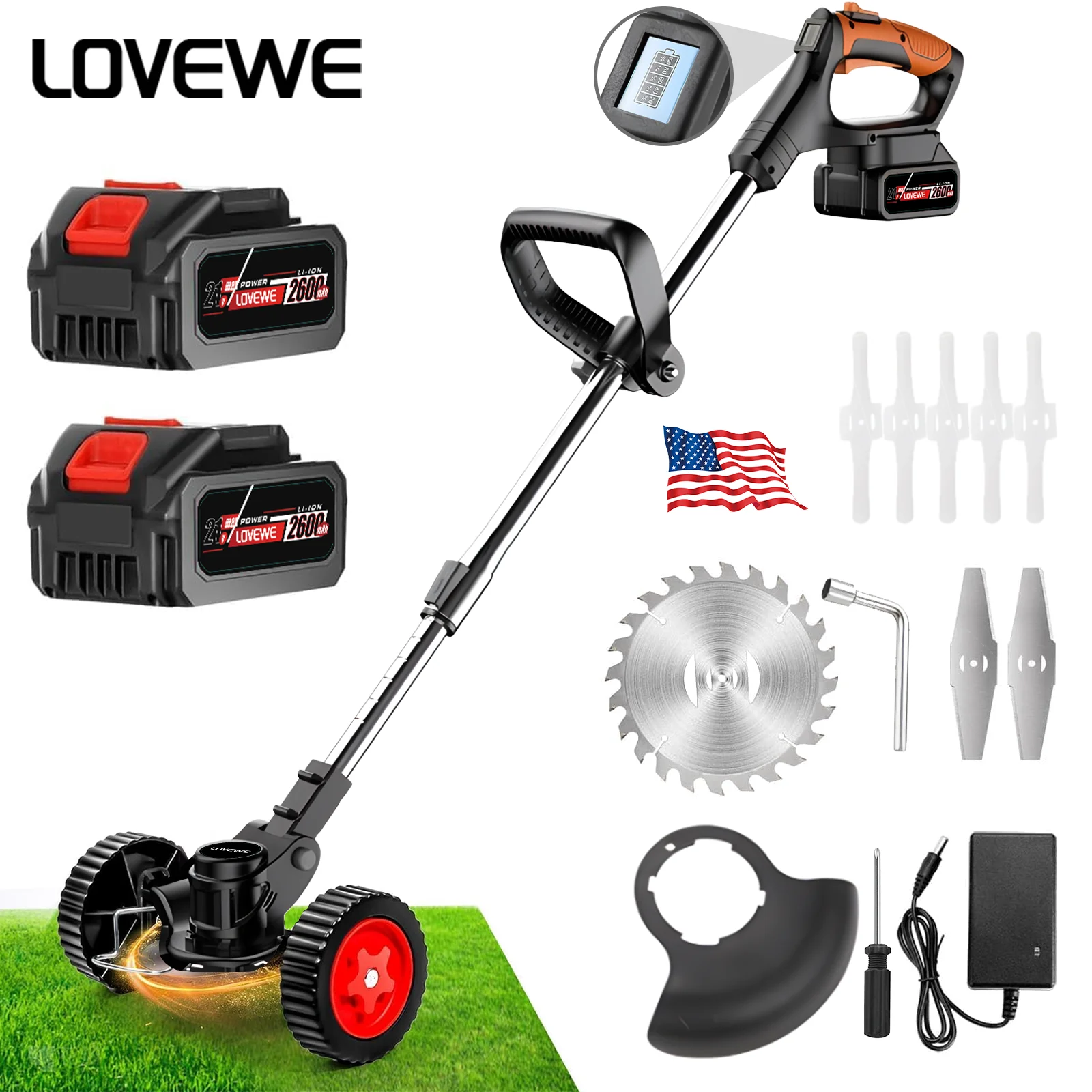 

Electric Weed Wacker, 21V 2.6Ah Battery Powered, Cordless Grass Trimmer with 3 Blades, Lightweight Edger/Mini-Mower/Weeder Tool