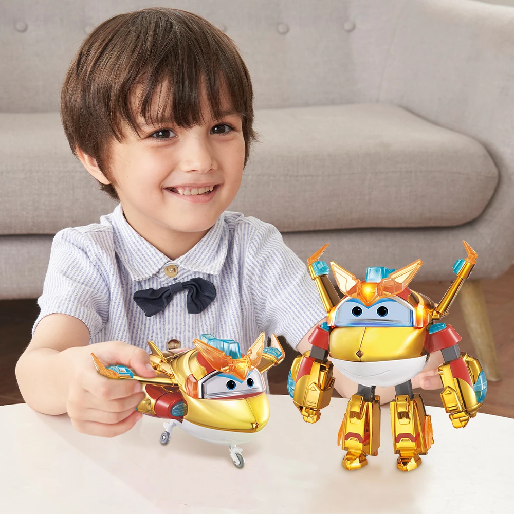 Super Wings 6 inches Deluxe Transforming Supercharged Golden Boy with Light Sound 2 Gestures Plane Transform Robot Anime Kid Toy