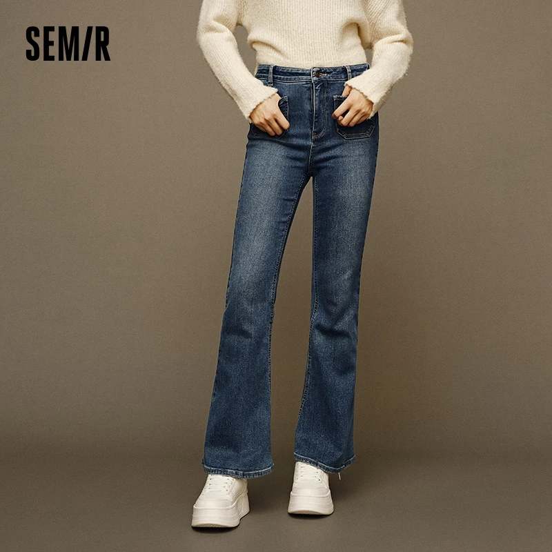 

Semir Jeans Women High Waist Fleece Long Pants Petite Versatile Winter Simple Hong Kong Style Eye-Catching Warm Flared Pants