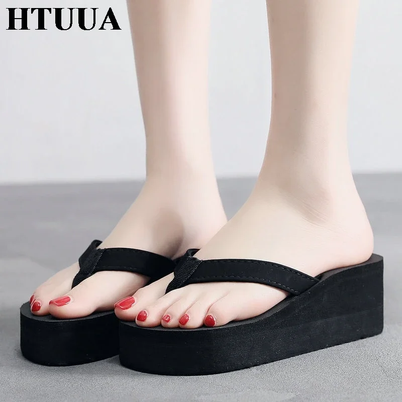 Fashion Black Wedge Slippers Women Sandals Casual Beach Flip Flops Summer Shoes Platform Slides High Heels SX2114