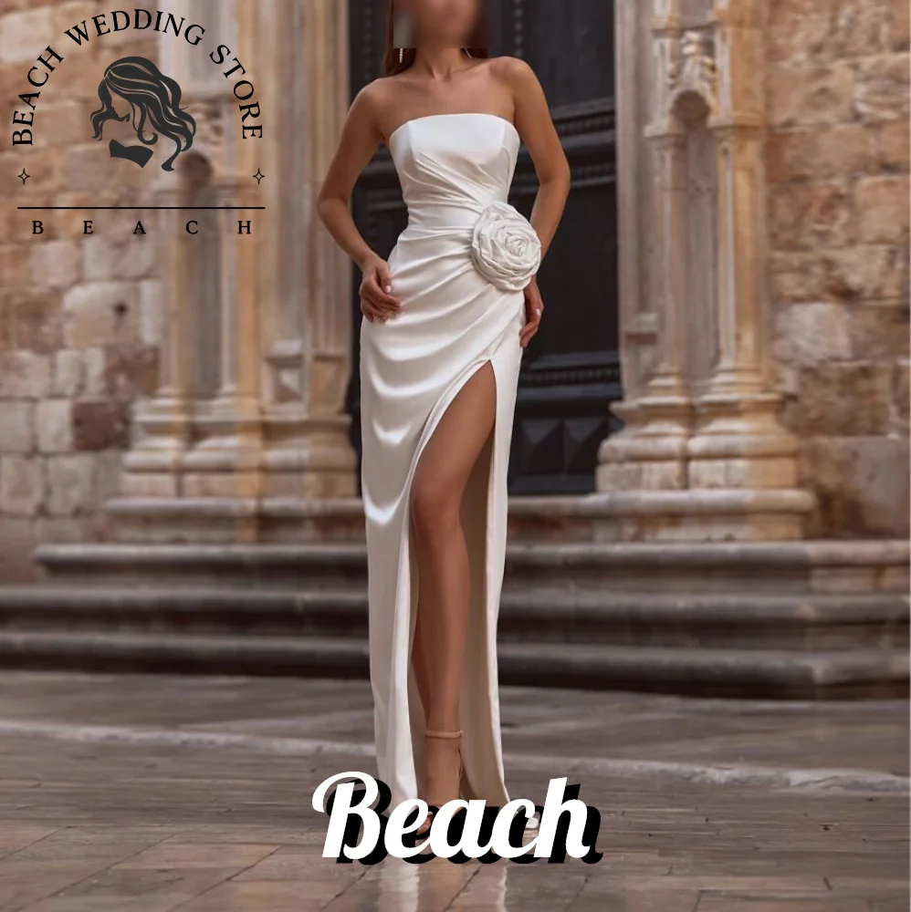 

Beach Customized Side Silt 3D Flowers Satin Pleats Straight Sweep Train Floor Length Fairy Garden Wedding Dress Lace up Back