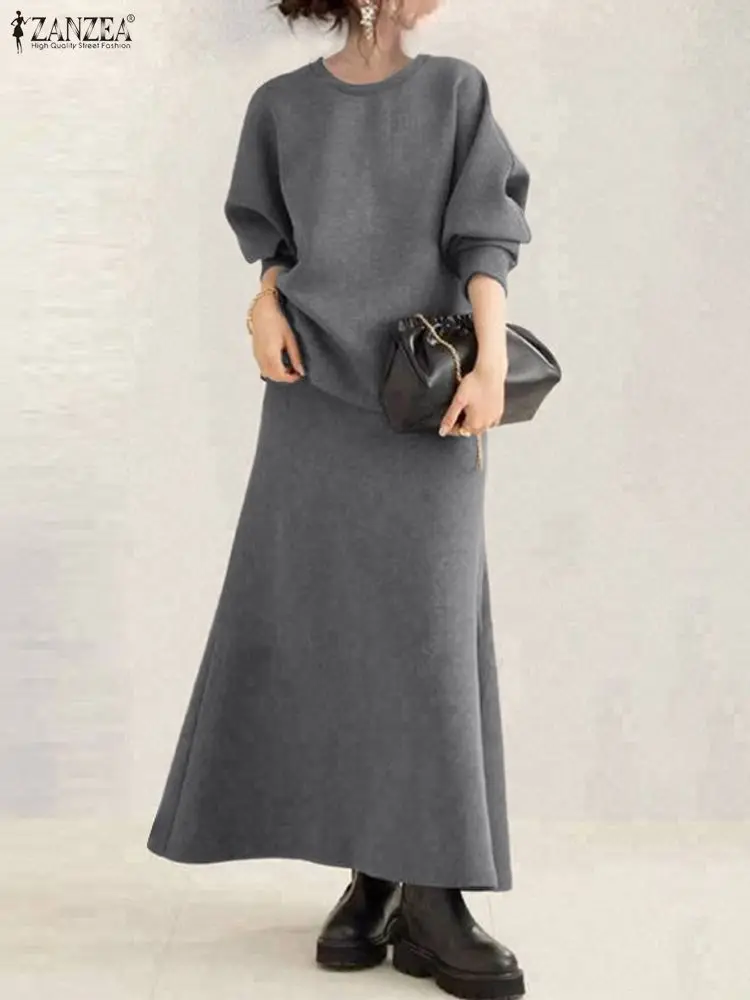 ZANZEA женский осенний пуловер, толстовка и юбка-миди трапециевидной формы с эластичной резинкой на талии, комплекты из двух предметов, уютные повседневные однотонные костюмы, наряды