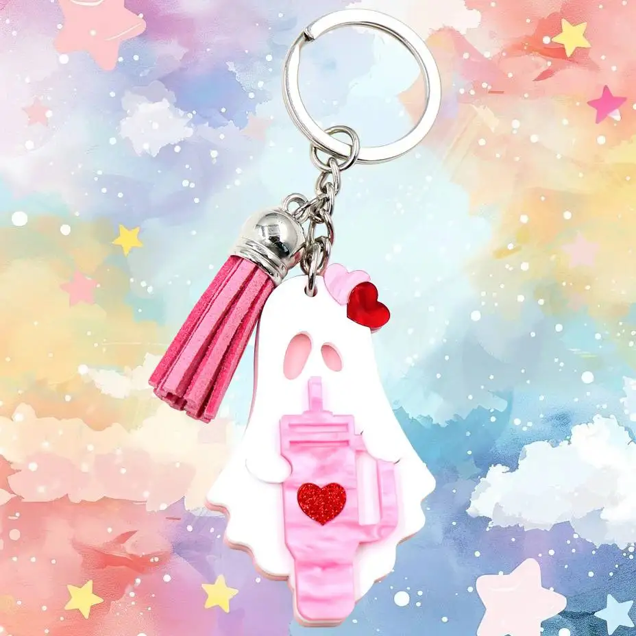 HYLKH1405 Love Ghost Laser Cut Keychain Valentine's Day Metal Iron UV Printing Silk Screen Printing Durable Silicone Material