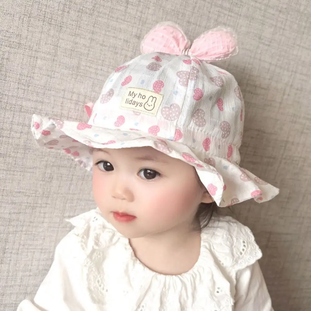 

Drawstring Sweet Baby Bucket Hat Adjustable UV Protection Cute Bow Infant Basin Cap Comfortable Heart Print Fisherman Hat Girl