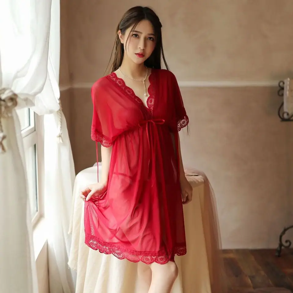 

Nightdress Mesh yarn Add Extra Weight Code 100KG Gauze Ice Silk Halter Short Sleeve Sexy Ladies Pajamas Seductive Mood Two Sets