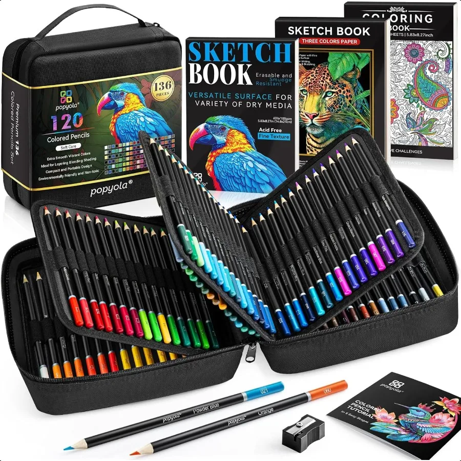 

136 PCS Colored Pencils Set for Adult Coloring Books 120 Colored Pencils with Sketchbook Coloring Book Sharpener Soft Core OilB