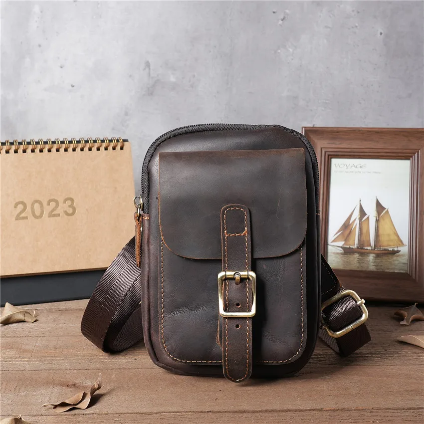 1100 Men's Crazy Horse Skin, Genuine Leather, Cowhide Waist Bag, Retro Leisure Hanging Bag, Outdoor Small Bag