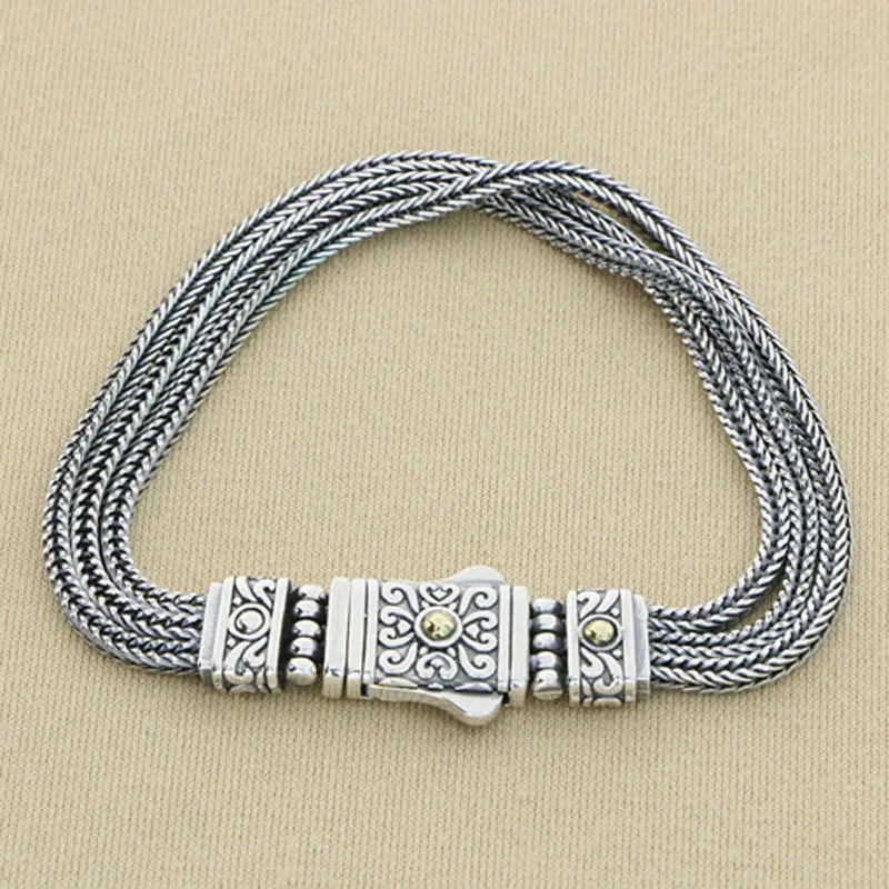 

Ethnic style totem jewelry, pure silver 925 vintage handwoven men's bracelet, personalized Thai silver three chain body bracelet