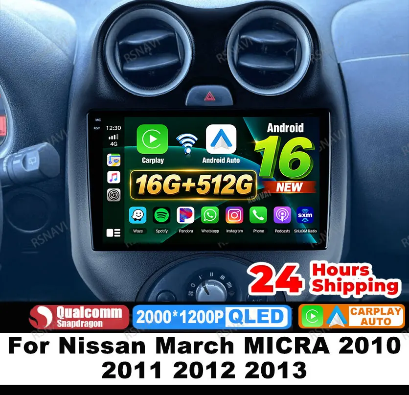 Radio para Auto Android 16 para Nissan March MICRA 2010 2011 2012 2013, Unidad Principal Multimedia Qualcomm, Estéreo, 5G WIFI, Navegación, BT, DSP