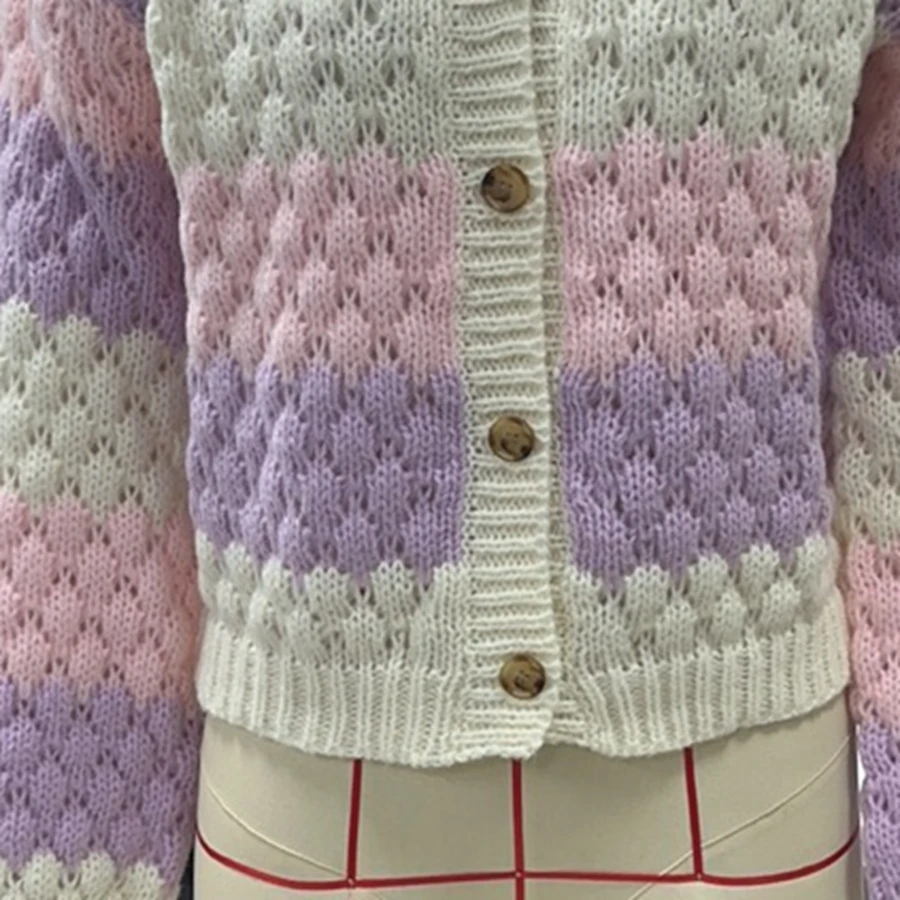 

Hot Women's Autumn Sweater Patchwork Cardigan Long Sleeve V Neck Button Up Contrast Color Knitwear