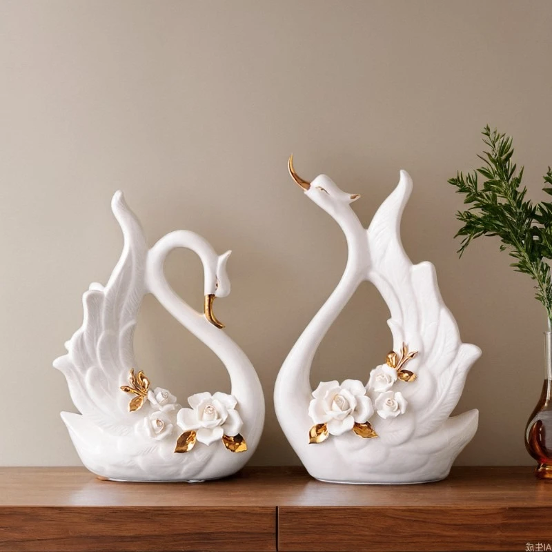 

Ceramic Swan Figurine Couple Swans Relief Rose Realistic Animal Sculpture Decorative Figurines Home Decoration Accessories