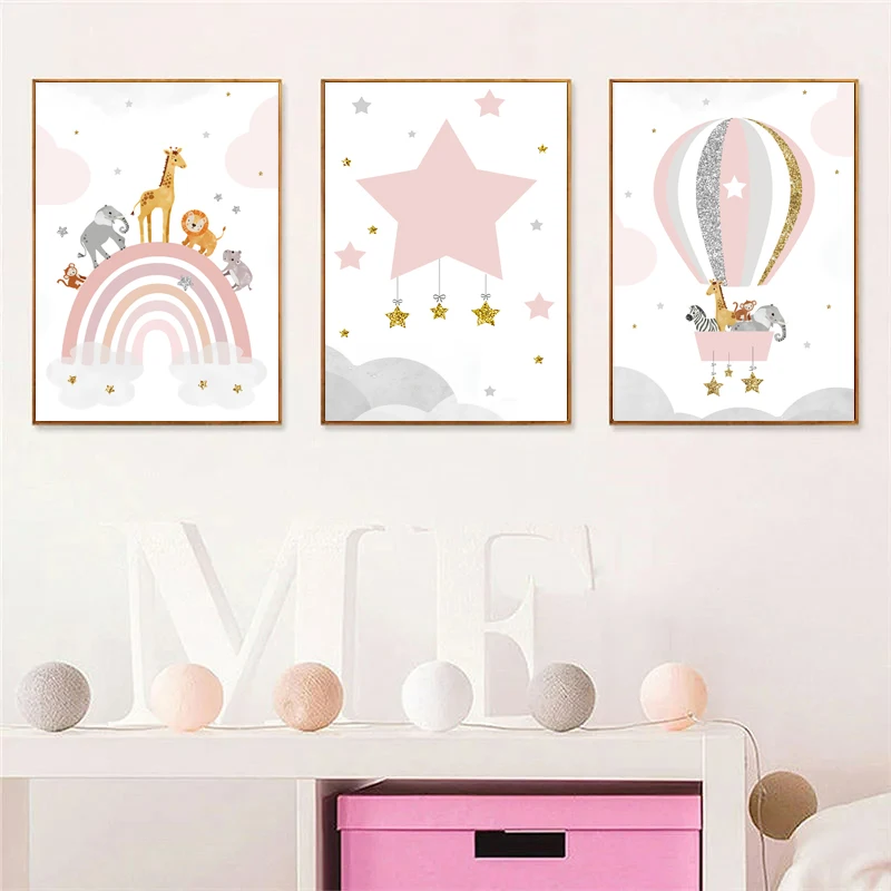 Pink Fairy Rainbow Balloon Girl Bedroom Poster Baby Nursery Wall Art Canvas Painting Kawaii Animal Picture Children\'s Room Decor