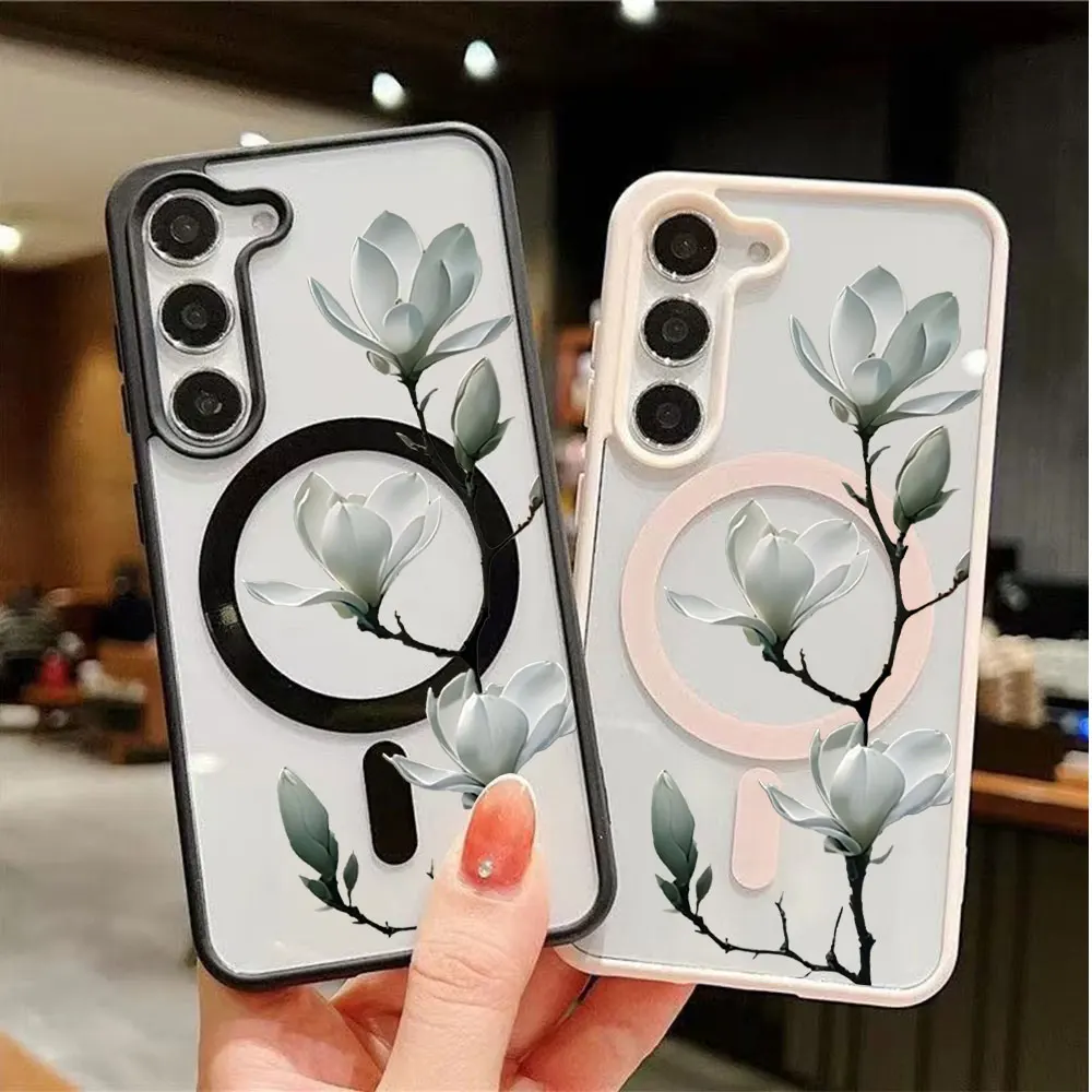 Floral Theme Trendy Magnetic Wireless Charging Phone Case For Samsung Galaxy S26 S25 S24 S23 S22 Ultra Plus FE Anti-Drop Cover