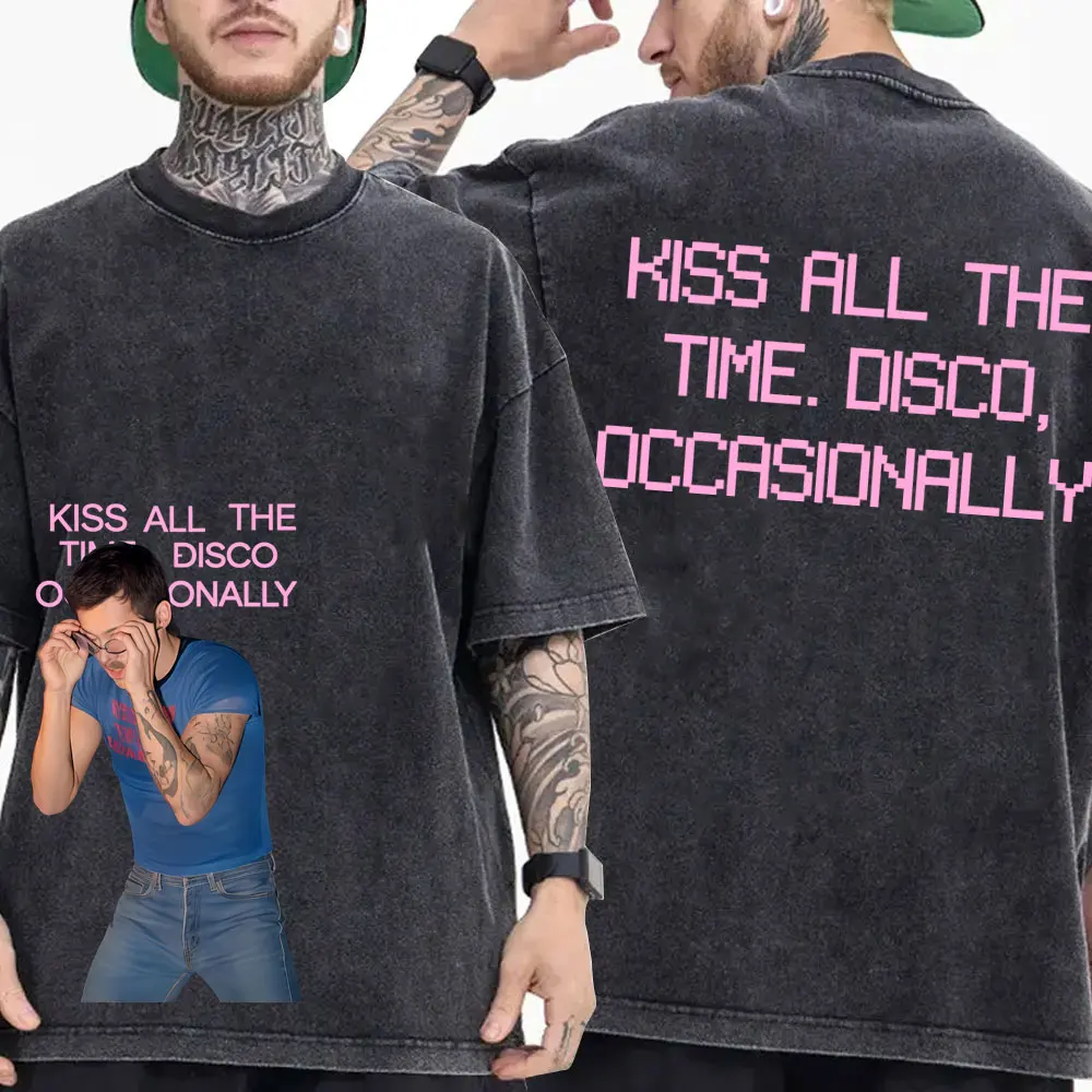 

Kiss All The Time Disco Occasionally Album Same Style Print T-shirt Men Fashion Pop Music T Shirts Male Vintage Washed Tshirt