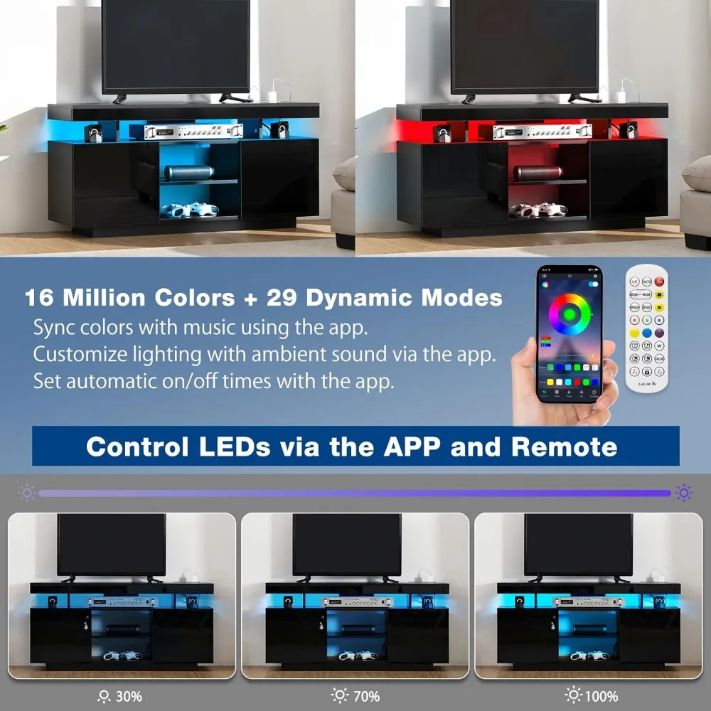 set di 2 tavolini da caffè e supporto TV con piano sollevabile a led, centro di intrattenimento moderno a led con prese di corrente per TV fino a 55", linguetta caffè