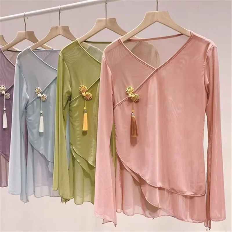 

Винтажная блузка для классических танцев с лягушкой, весна-осень 2021, женские сексуальные блузки нестандартной формы с v-образным вырезом, женская рубашка с длинным рукавом, короткие топы